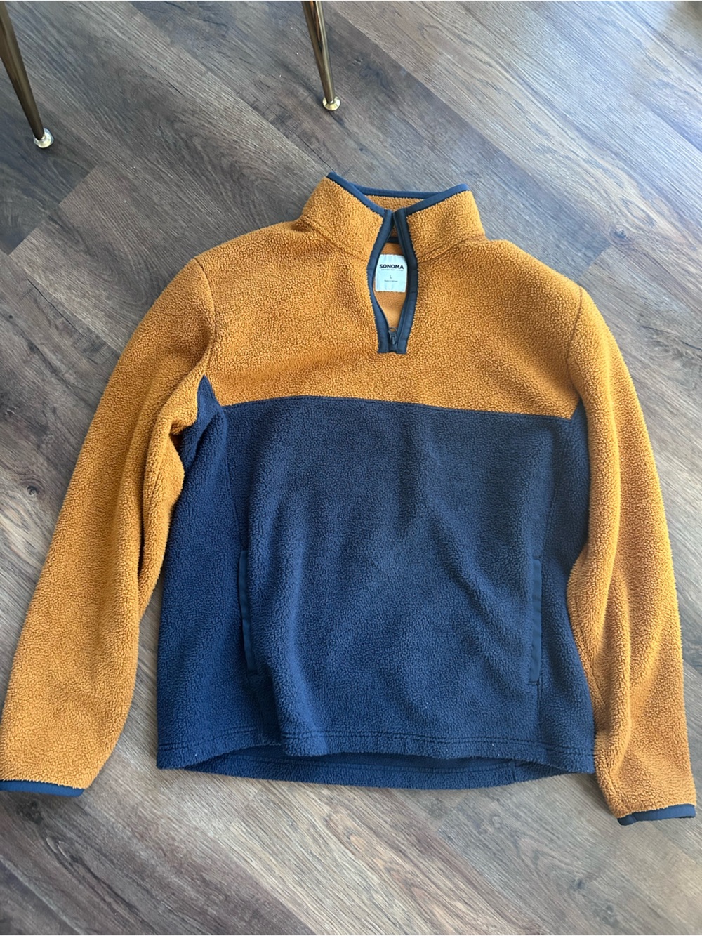 NWOT Sonoma Men’s Colorblock Quarter Zip Fleece Sweater Orange Navy Size Large